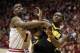 Feb 27, 2014; Bloomington, IN, USA; Indiana Hoosiers forward Noah Vonleh (1) and Iowa Hawkeyes center Gabriel Olaseni (0) battle for position at Assembly Hall. Indiana won 93-86. Mandatory Credit: Pat Lovell-USA TODAY Sports