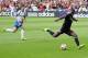 May 17, 2014; Washington, DC, USA; D.C. United forward Eddie Johnson (7) shoots the ball in front of Montreal Impact defender Wandrille Lefevre (55) in the first half at Robert F. Kennedy Memorial. Mandatory Credit: Geoff Burke-USA TODAY Sports
