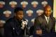 METAIRIE, LA - JULY 12: Dell Demps, general manager of the New Orleans Pelicans introduces Jrue Holiday, acquired in a trade on July 12, 2013 at the New Orleans Pelicans practice facility in Metairie, Louisiana. NOTE TO USER: User expressly acknowledges
