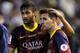 VALENCIA, SPAIN - APRIL 16: Lionel Messi (R) and Neymar of FC Barcelona react after losing 2-1 to Real Madrid in the Copa del Rey Final between Real Madrid and Barcelona at Estadio Mestalla on April 16, 2014 in Valencia, Spain. (Photo by Denis Doyle/Get