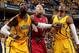 INDIANAPOLIS - MAY 18: Roy Hibbert #55 and Paul George #24 of the Indiana Pacers battle for position against Chris Andersen #11 of the Miami Heat in game one of the East Conference Finals at Bankers Life Fieldhouse on May 18, 2014 in Indianapolis, Indiana
