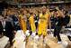 INDIANAPOLIS - MAY 18: David West #21, Paul George #24, and George Hill #3 of the Indiana Pacers celebrate after a game against the Miami Heat in game one of the East Conference Finals at Bankers Life Fieldhouse on May 18, 2014 in Indianapolis, Indiana.