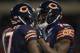 Dec 29, 2013; Chicago, IL, USA; Chicago Bears wide receiver Alshon Jeffery (left) is congratulated for a 67 yard pass play by wide receiver Brandon Marshall (right) during the second half against the Green Bay Packers at Soldier Field. Green Bay won 33-28