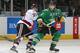 LONDON,ON - MAY 19: Randy Gazzola #2 of the Val'Dor Foreurs looks to control a puck against Brock McGinn #21 of the Guelph Storm in Game Four of the 2014 MasterCard Memorial Cup at Budweiser Gardens on May 19, 2014 in London, Ontario, Canada. (Photo by