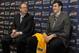 INDEPENDENCE, OH - JULY 23: First round draft pick Sergey Karasev of the Cleveland Cavaliers is introduced to the media to the alongside Vice President of Basketball Operations David Griffin at The Cleveland Clinic Courts on July 23, 2013 in Independence