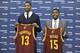 INDEPENDENCE - JUNE 24: The 2011 NBA draft fourth overall selection Tristan Thompson and first overall selection Kyrie Irving of the Cleveland Cavaliers show off their new jerseys at The Cleveland Clinic Courts on June 24, 2011 in Independence, Ohio. NOT