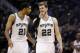 May 19, 2014; San Antonio, TX, USA; San Antonio San Antonio Spurs forward Tiago Splitter (22) and forward Tim Duncan (21) walk onto the court after a timeout in game one of the Western Conference Finals in the 2014 NBA Playoffs against the Oklahoma City T