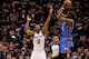 SAN ANTONIO, TX - MAY 19: Kevin Durant #35 of the Oklahoma City Thunder shoots over Kawhi Leonard #2 of the San Antonio Spurs in the first quarter in Game One of the Western Conference Finals during the 2014 NBA Playoffs at AT&T Center on May 19, 2014 in
