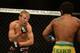 Apr 20, 2013; San Jose, CA, USA; T.J. Dillashaw (left) fights Hugo Viana (right) during the bantamweight bout prelims of the UFC on Fuel TV at HP Pavilion. Mandatory Credit: Kyle Terada-USA TODAY Sports