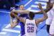 May 13, 2014; Oklahoma City, OK, USA; Los Angeles Clippers forward Blake Griffin (32) looks to pass as Oklahoma City Thunder guard Thabo Sefolosha (25) defends in the first quarter of game five of the second round of the 2014 NBA Playoffs at Chesapeake En