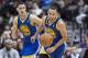 Nov 27, 2013; Dallas, TX, USA; Golden State Warriors shooting guard Klay Thompson (11) and point guard Stephen Curry (30) chase the ball during the second half against the Dallas Mavericks at the American Airlines Center. The Mavericks defeated the Warrio