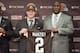 BEREA, OH - MAY 9: Cleveland Browns draft pick Johnny Manziel is introduced by general manager Ray Farmer at a press conference at the Browns training facility on May 9, 2014 in Cleveland, Ohio. Manziel was selected in the first round with the 22nd pick.