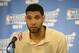 SAN ANTONIO, TX - MAY 19: Tim Duncan #21 of the San Antonio Spurs addresses the media after Game One of the Western Conference Finals against the Oklahoma City Thunder during the 2014 NBA Playoffs on May 19, 2014 at the AT&T Center in San Antonio, Texas.