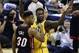 May 20, 2014; Indianapolis, IN, USA; Miami Heat guard Norris Cole (30) points at Indiana Pacers guard Lance Stephenson (1) while looking at a ref before the ball is put in play late during the second half of game two of the Eastern Conference Finals of th