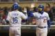 Apr 30, 2014; Minneapolis, MN, USA; Los Angeles Dodgers designated hitter Andre Ethier (16) and center fielder Matt Kemp (27) celebrate after scoring runs in the seventh inning against the Minnesota Twins at Target Field. Mandatory Credit: Jesse Johnson-U