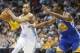 Apr 16, 2014; Denver, CO, USA; Denver Nuggets guard Randy Foye (4) drives to the basket during the first quarter against the Golden State Warriors at Pepsi Center. Mandatory Credit: Chris Humphreys-USA TODAY Sports
