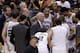 SAN ANTONIO, TX - MAY 19: Head coach Gregg Popovich of the San Antonio Spurs talks with his team during a time out in the first half while taking on the Oklahoma City Thunder in Game One of the Western Conference Finals during the 2014 NBA Playoffs at AT