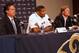 EARTH CITY, MO - MAY 13: (L to R) St. Louis Rams head coach Jeff Fischer, draft pick Michael Sam and general manager Les Snead address the media during a press conference at Rams Park on May 13, 2014 in Earth City, Missouri. (Photo by Dilip Vishwanat/Get