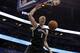 Apr 9, 2014; Orlando, FL, USA; Brooklyn Nets forward Mason Plumlee (1) reacts after he dunks against the Orlando Magic during the first quarter at Amway Center. Mandatory Credit: Kim Klement-USA TODAY Sports
