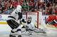 CHICAGO, IL - MAY 21: Goalie Jonathan Quick #32 of the Los Angeles Kings blocks the shot taken by the Chicago Blackhawks in Game Two of the Western Conference Final during the 2014 NHL Stanley Cup Playoffs at the United Center on May 21, 2014 in Chicago,