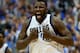 DALLAS, TX - APRIL 28: DeJuan Blair #45 of the Dallas Mavericks reacts during play against the San Antonio Spurs in Game Four of the Western Conference Quarterfinals during the 2014 NBA Playoffs at American Airlines Center on April 28, 2014 in Dallas, Te