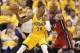 May 18, 2014; Indianapolis, IN, USA; Indiana Pacers forward Paul George (24) is guarded by Miami Heat guard Ray Allen (34) in game one of the Eastern Conference Finals of the 2014 NBA Playoffs at Bankers Life Fieldhouse. Mandatory Credit: Brian Spurlock-U