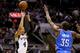Danny Green, here burying a triple over the league's MVP, was 7-of-10 from three-point land on Wednesday night.