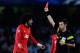SAN SEBASTIAN, SPAIN - NOVEMBER 05: Marouanne Fellaini of Manchester United is shown a red card by the referee Nicola Rizzoli for a challenge during the UEFA Champions League Group A match between Real Sociedad de Futbol and Manchester United at Estadio