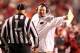 Nov 2, 2013; Fayetteville, AR, USA; Arkansas Razorbacks head coach Bret Bielema talks to an official during the game against the Auburn Tigers at Donald W. Reynolds Razorback Stadium. Auburn defeated Arkansas 35-17. Mandatory Credit: Nelson Chenault-USA T