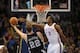 Nov 27, 2013; Oklahoma City, OK, USA; Oklahoma City Thunder power forward Serge Ibaka (9) attempts to block a shot attempt by San Antonio Spurs center Tiago Splitter (22) during the second quarter at Chesapeake Energy Arena. Mandatory Credit: Mark D. Smit