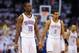 May 15, 2013; Oklahoma City, OK, USA; Oklahoma City Thunder point guard Reggie Jackson (15) and shooting guard Thabo Sefolosha (2) wait for play to resume against the Memphis Grizzlies in game five of the second round of the 2013 NBA Playoffs at Chesapeak