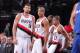 PORTLAND, OR - APRIL 16: Victor Claver #18 and C.J. McCollum #3 of the Portland Trail Blazers look on during the game against the Los Angeles Clippers on April 16, 2014 at the Moda Center Arena in Portland, Oregon. NOTE TO USER: User expressly acknowledge