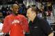 ORLANDO, FL - FEBRUARY 25: Kobe Bryant #24 of the Los Angeles Lakers talks with Chicago Bulls head coach Tom Thibodeau during the All-Star Practice on center court at Jam Session during the NBA All-Star Weekend on February 25, 2012 at the Orange County Co