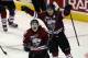 LONDON, ON - MAY 21: Tyler Bertuzzi #17 of the Guelph Storm celebrates his goal at 2:23 of the second period against the London Knights along with Zack Mitchell #23 (behind) during the 2014 Memorial Cup tournament at Budweiser Gardens on May 21, 2014 in
