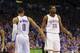 May 3, 2014; Oklahoma City, OK, USA; Oklahoma City Thunder guard Russell Westbrook (0) slaps hands with forward Kevin Durant (35) after a play in action against the Memphis Grizzlies in game seven of the first round of the 2014 NBA Playoffs at Chesapeake