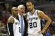 SAN ANTONIO, TX - MAY 21: Head coach Gregg Popovich of the San Antonio Spurs talks with Patty Mills #8 and Manu Ginobili #20 in the first half while taking on the Oklahoma City Thunder in Game Two of the Western Conference Finals during the 2014 NBA Play