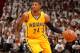 MIAMI, FL - May 24: Paul George #24 of the Indiana Pacers handles the ball against the Miami Heat in Game Three of the Eastern Conference Finals during the 2014 NBA playoffs at the American Airlines Arena in Miami, Florida on May 24, 2014. NOTE TO USER: U