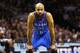 SAN ANTONIO, TX - MAY 19: Derek Fisher #6 of the Oklahoma City Thunder looks on in the first half while taking on the San Antonio Spurs in Game One of the Western Conference Finals during the 2014 NBA Playoffs at AT&T Center on May 19, 2014 in San Antoni