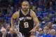 OKLAHOMA CITY, OK - May 25: Tony Parker #9 of the San Antonio Spurs handles the ball against the Oklahoma City Thunder in Game 3 of the Western Conference Finals during the 2014 NBA Playoffs at the Chesapeake Arena on May 25, 2014 in Oklahoma City, Oklah