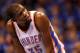 OKLAHOMA CITY, OK - MAY 25: Kevin Durant #35 of the Oklahoma City Thunder looks on in the fourth quarter against the San Antonio Spurs during Game Three of the Western Conference Finals of the 2014 NBA Playoffs at Chesapeake Energy Arena on May 25, 2014 i