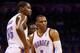 OKLAHOMA CITY, OK - MAY 25: Kevin Durant #35 and Russell Westbrook #0 of the Oklahoma City Thunder look on after a call in the second quarter against the San Antonio Spurs during Game Three of the Western Conference Finals of the 2014 NBA Playoffs at Ches