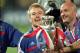 2 Jul 2000: Didier Deschamps (left) and Frank LeBoeuf (right) of France hold the trophy after the European Championships 2000 Final against Italy at the De Kuip stadium, Rotterdam, Holland. France won 2-1 after Extra Time and on the Golden Goal. \ Mandat