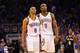 OKLAHOMA CITY, OK - MAY 25: Russell Westbrook #0 of the Oklahoma City Thunder reacts with Serge Ibaka #9 after making a three pointer to end the first half against the San Antonio Spurs during Game Three of the Western Conference Finals of the 2014 NBA P