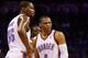 OKLAHOMA CITY, OK - MAY 25: Kevin Durant #35 and Russell Westbrook #0 of the Oklahoma City Thunder look on after a call in the second quarter against the San Antonio Spurs during Game Three of the Western Conference Finals of the 2014 NBA Playoffs at Ches