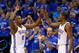 OKLAHOMA CITY, OK - MAY 25: Serge Ibaka #9 and Kevin Durant #35 of the Oklahoma City Thunder celebrate late in the second half against the San Antonio Spurs during Game Three of the Western Conference Finals of the 2014 NBA Playoffs at Chesapeake Energy A