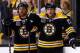 BOSTON, MA - MAY 03: Milan Lucic #17, Jarome Iginla #12, and David Krejci #46 of the Boston Bruins take a break during a reviewed play in the second period against the Montreal Canadiens in Game Two of the Second Round of the 2014 NHL Stanley Cup Playoffs