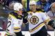 COLUMBUS, OH - OCTOBER 12: Chris Kelly #23 of the Boston Bruins is congratulated by Jarome Iginla #12 of the Boston Bruins after scoring a goal during the second period against the Columbus Blue Jackets on October 12, 2013 at Nationwide Arena in Columbus