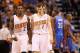 PHOENIX, AZ - APRIL 06: (L-R) Eric Bledsoe #2 and Goran Dragic #1 of the Phoenix Suns during the NBA game against the Oklahoma City Thunder t US Airways Center on April 6, 2014 in Phoenix, Arizona. The Suns defeated the Thunder 122-115. NOTE TO USER: Use