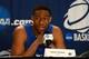 Mar 20, 2014; Raleigh, NC, USA; Duke Blue Devils forward Jabari Parker (1) speaks during a press conference during practice before the second round of the 2014 NCAA Tournament at PNC Arena. Mandatory Credit: Rob Kinnan-USA TODAY Sports
