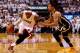 MIAMI, FL - MAY 26: LeBron James #6 of the Miami Heat drives to the basket as George Hill #3 of the Indiana Pacers defends during Game Four of the Eastern Conference Finals of the 2014 NBA Playoffs at American Airlines Arena on May 26, 2014 in Miami, Flo